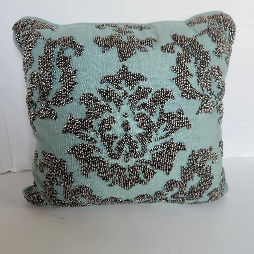 Vintage Decorative Metallic Silver Beaded Teal Blue Accent Pillow 12